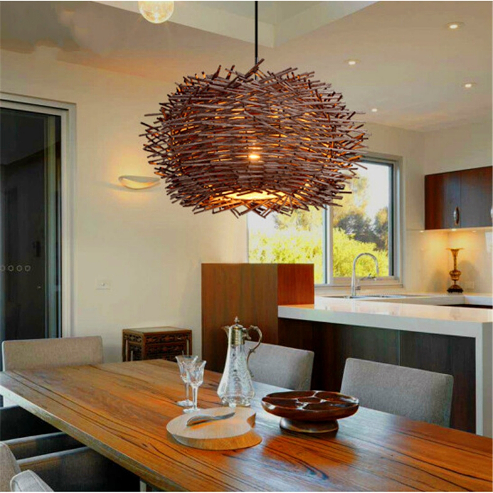 Artisanal Twig Weave Sphere Pendant Rustic Natural Glow