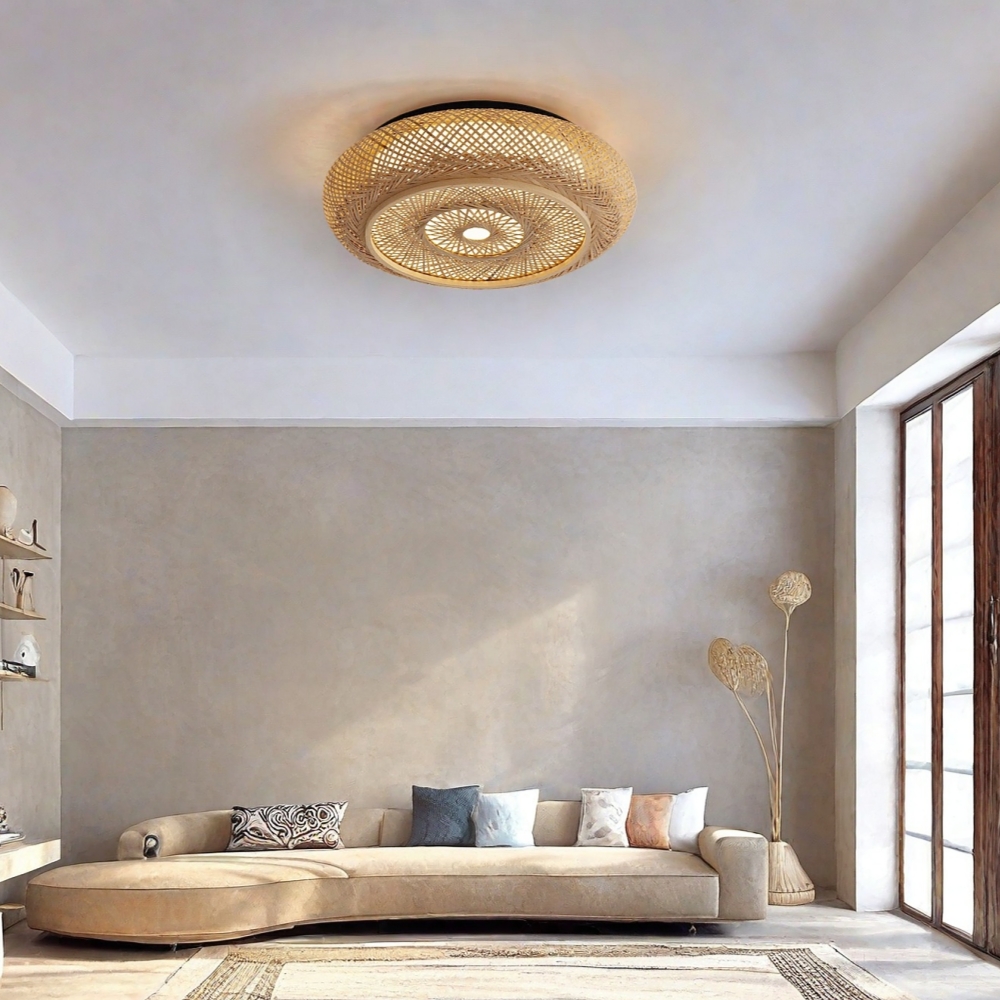 Mid-Century Woven Bamboo Flush Mount Natural Textured Ceiling Lighting