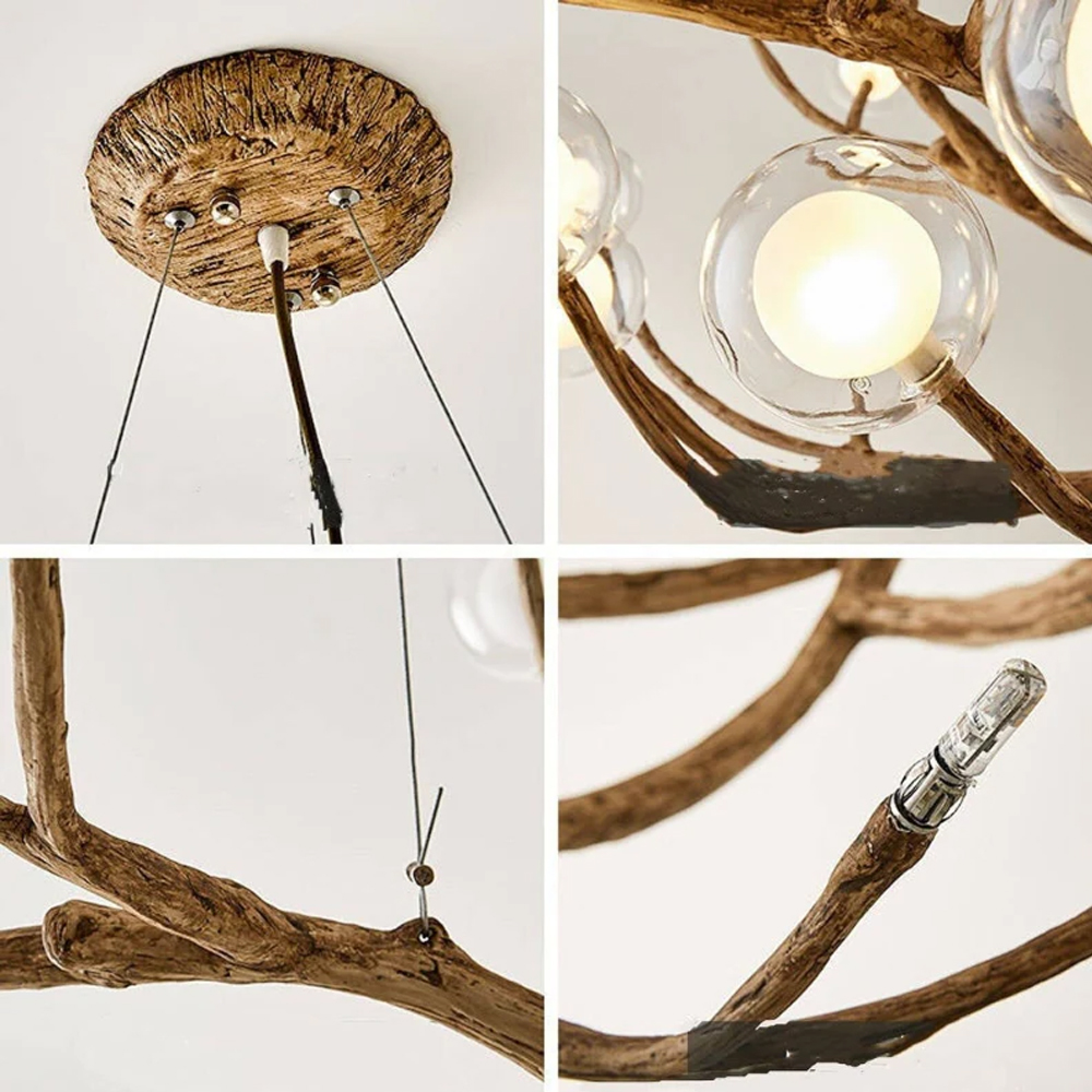 Nordic Rustic Tree Branch Hanging Chandelier with Bubble Glass lighting