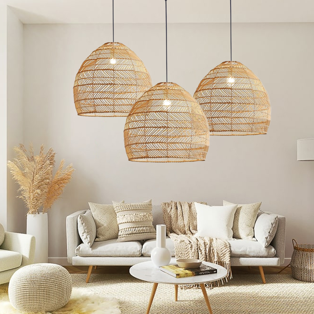 Bohemia Natural Rattan Woven Pendant Light Tatami Black Hanging Lamp Coastal Design