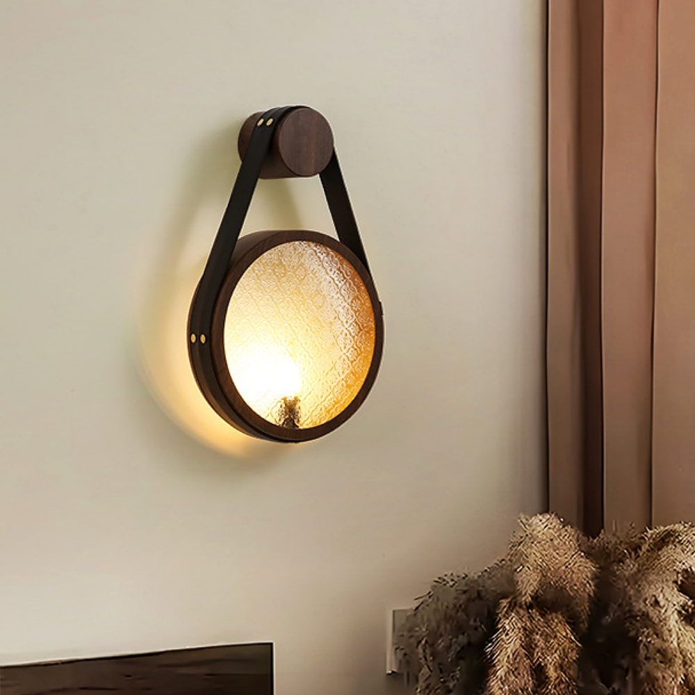 Wabi Sabi Style Retro Walnut Wood Grain Glass Hanging With Wall Lamp