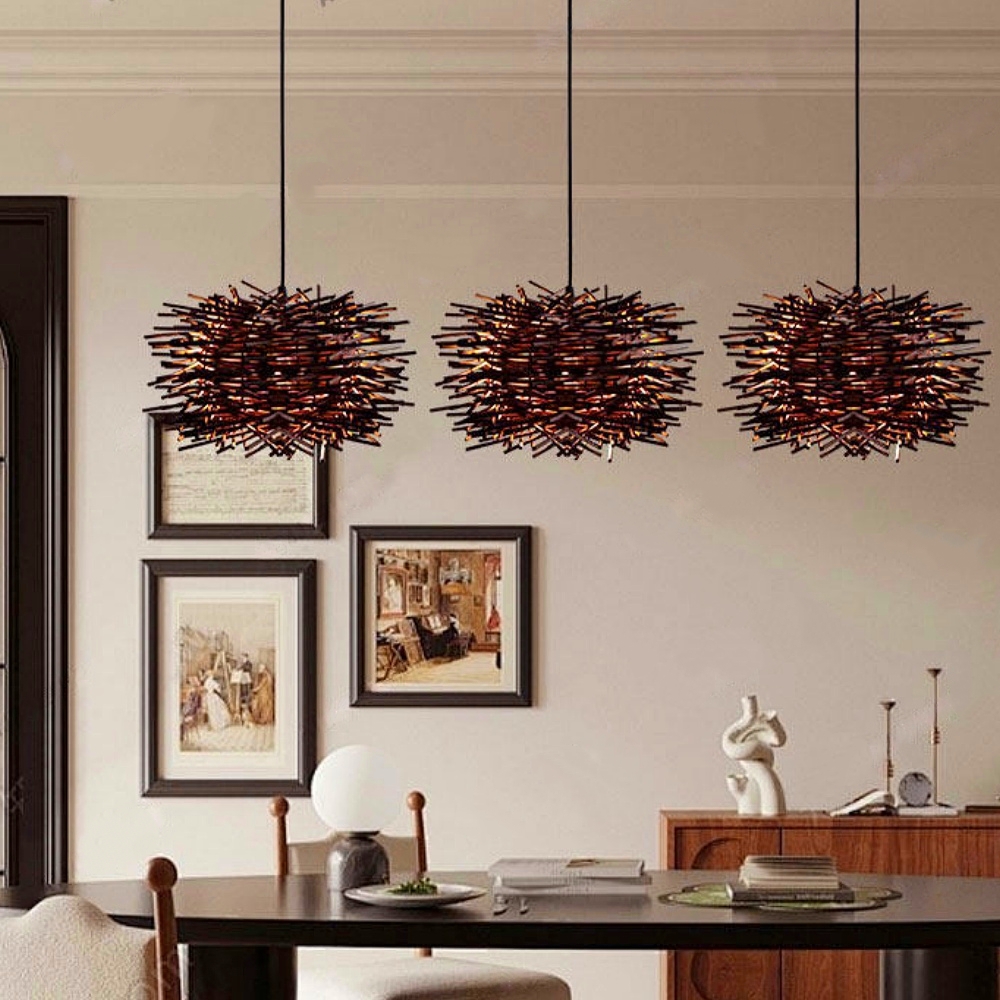 Artisanal Twig Weave Sphere Pendant Rustic Natural Glow