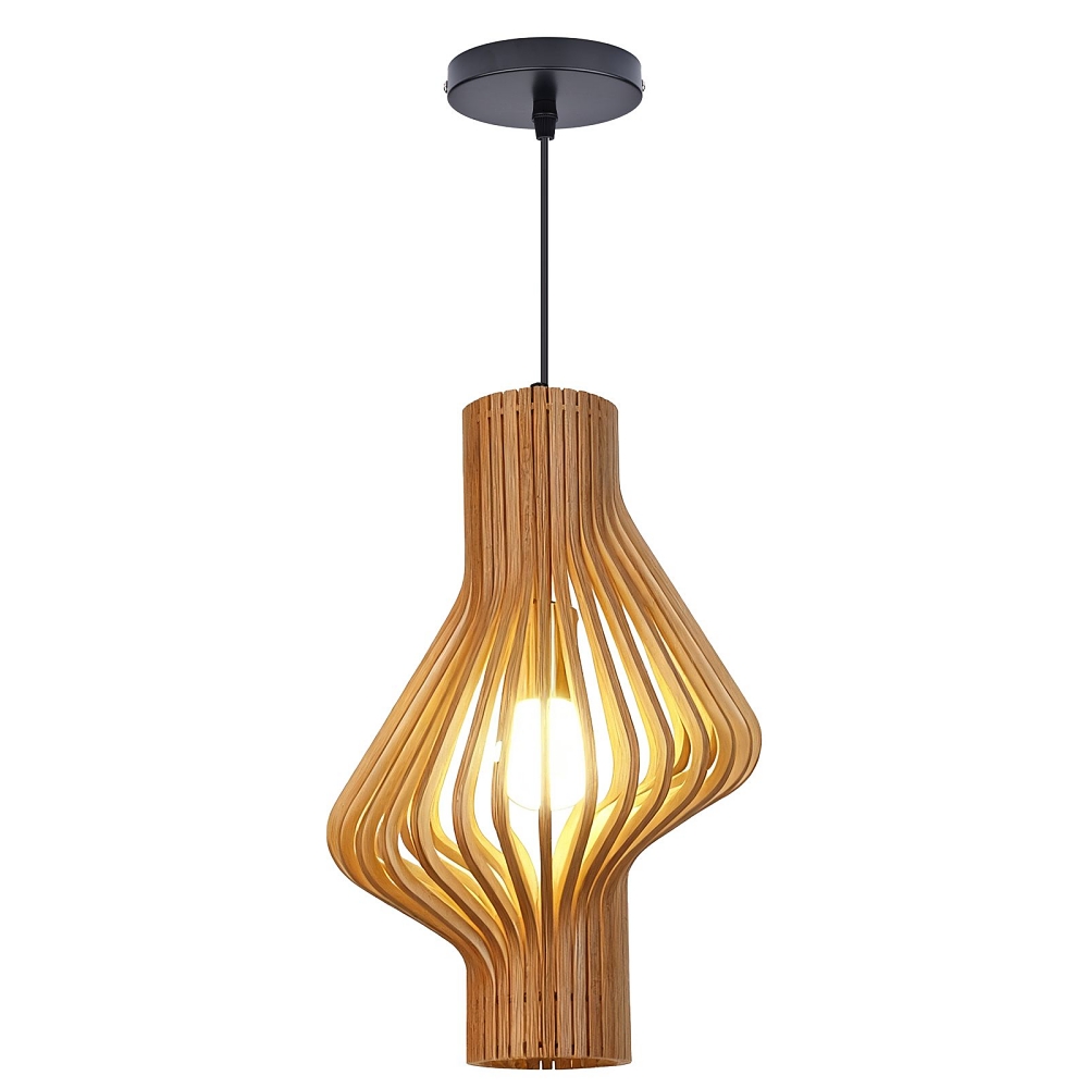 Mid-Century Curved Wood Slat Pendant Lamp