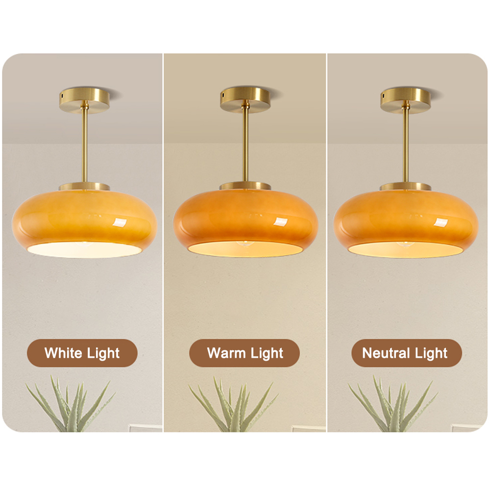 French Retro Hallway Brass Ceiling Light Medieval Restaurant Flush Mount Glass Lamp