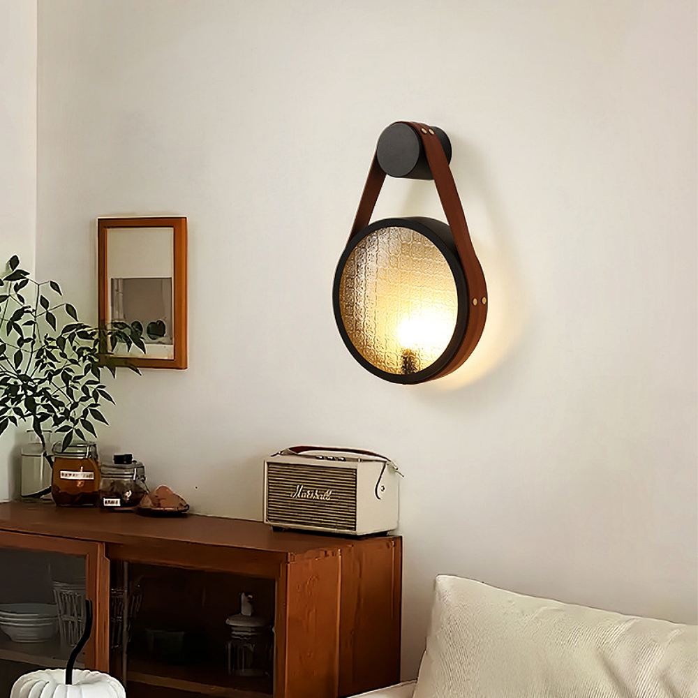 Wabi Sabi Style Retro Walnut Wood Grain Glass Hanging With Wall Lamp