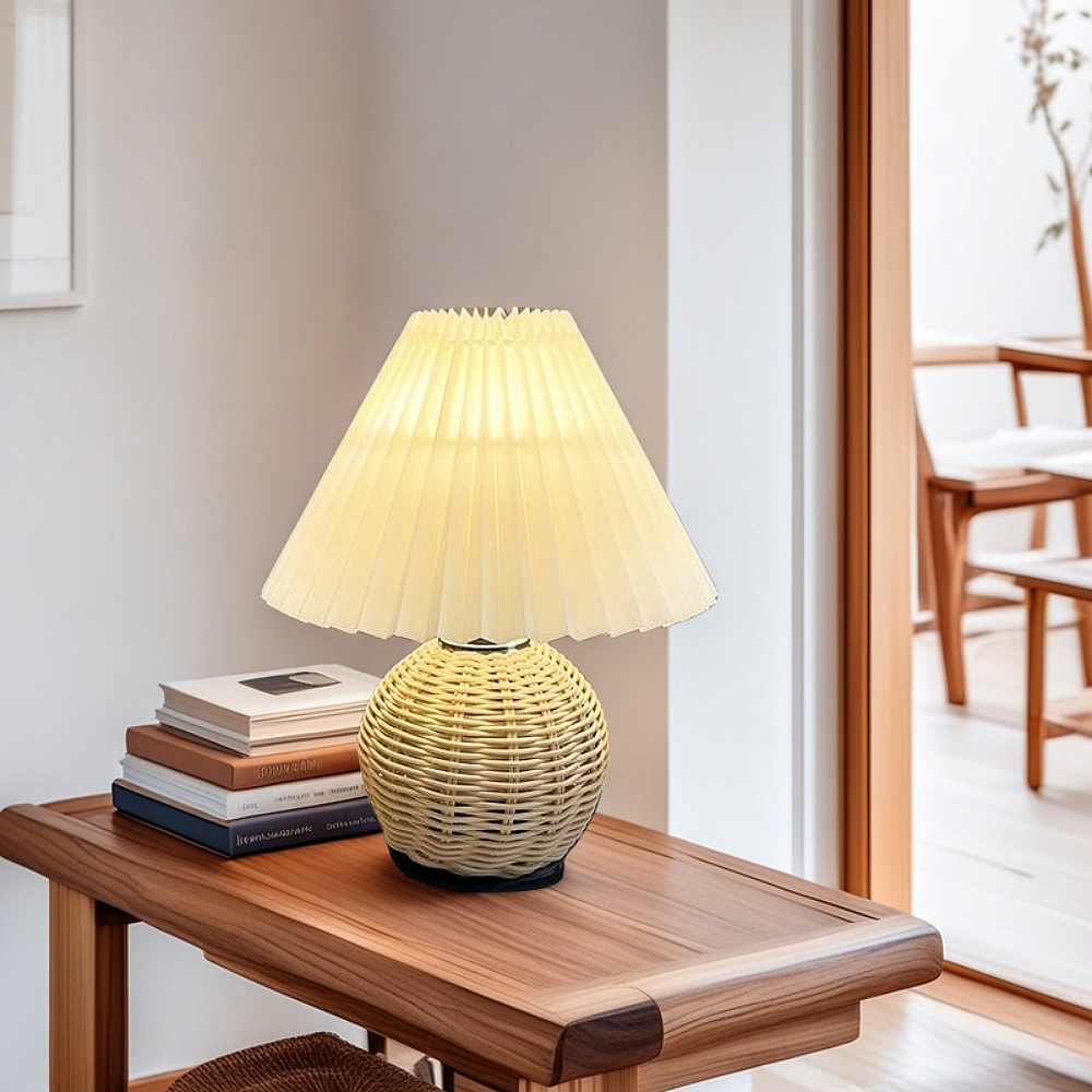 Nordic Style Retro Fabric Pleated Lampshade Rattan Woven Small Table Lamp