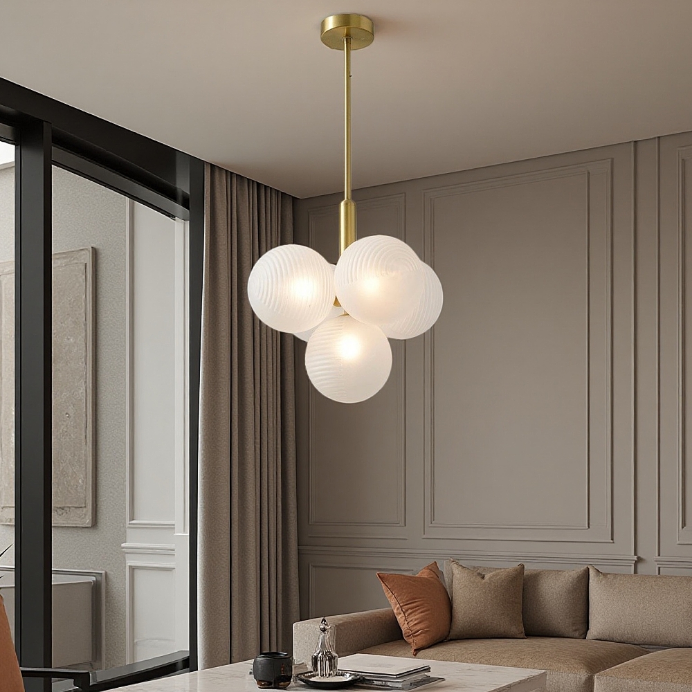 Contemporary Sculptural Ribbed Glass Globe Chandelier Brass Finish