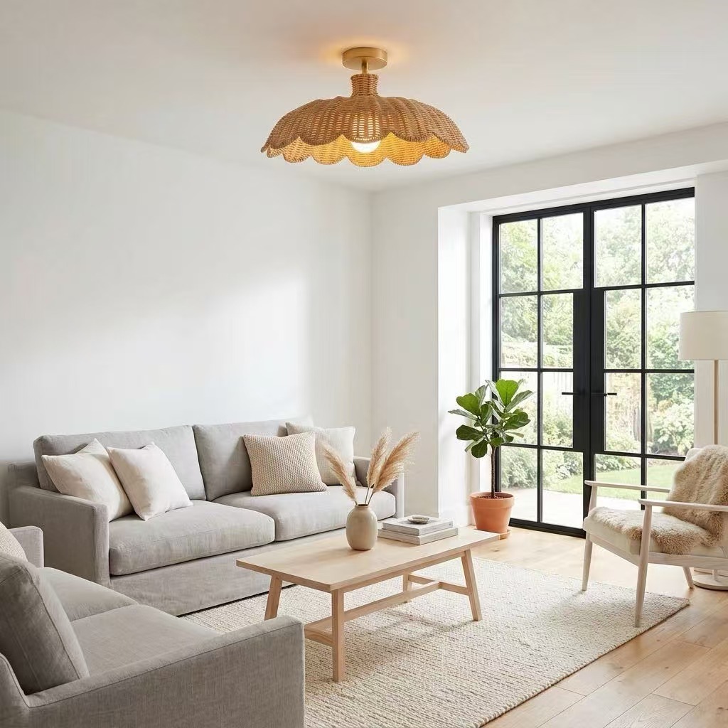 Boho Rattan Flush Mount Ceiling Light for Bedroom Hallway