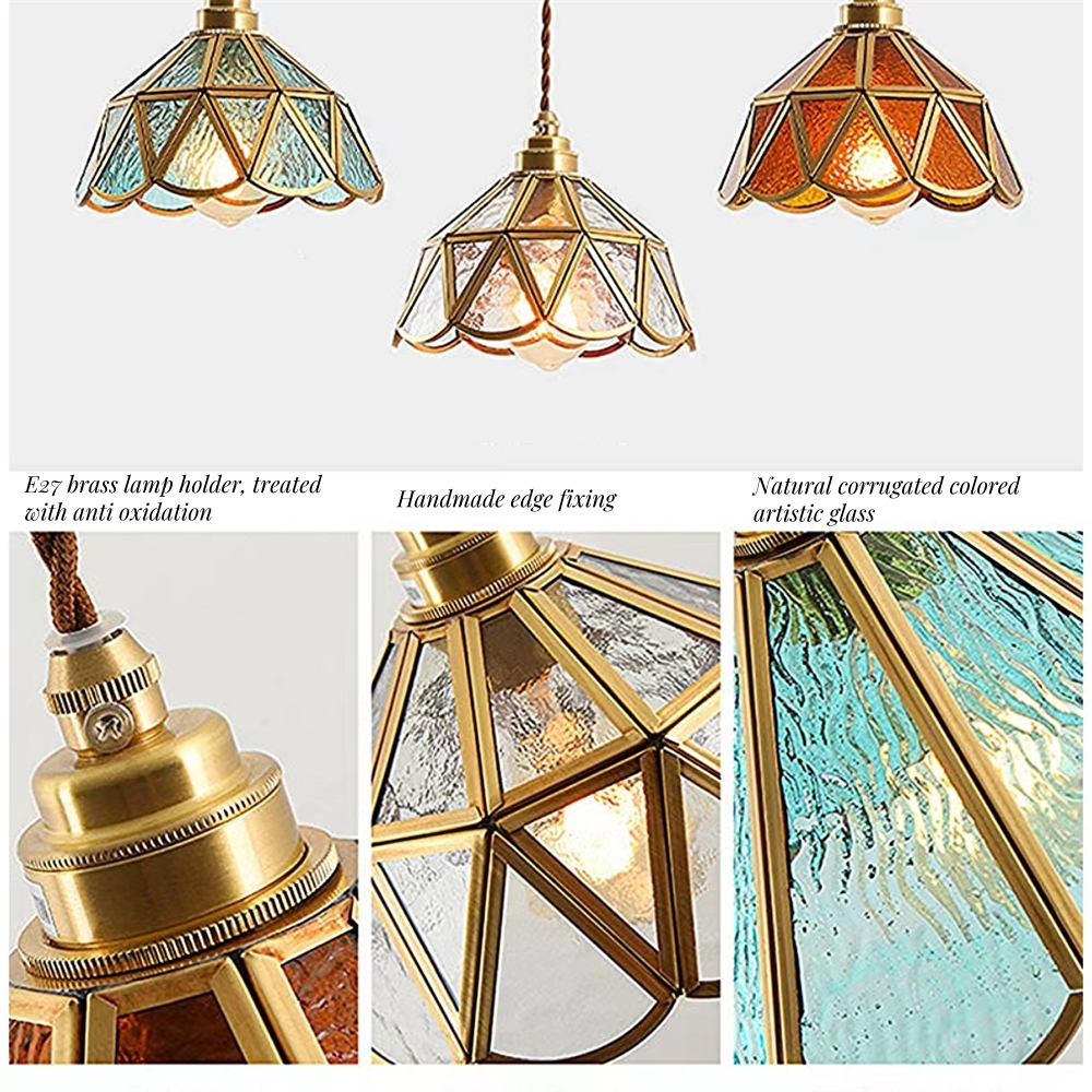 American Retro Artistic Brass Colored Glass Pendant Light Bedside Glass Lamp