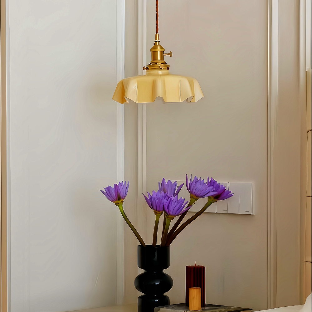 Vintage French Frilly Opaque Glass Pendant Light with ruffled draped shape