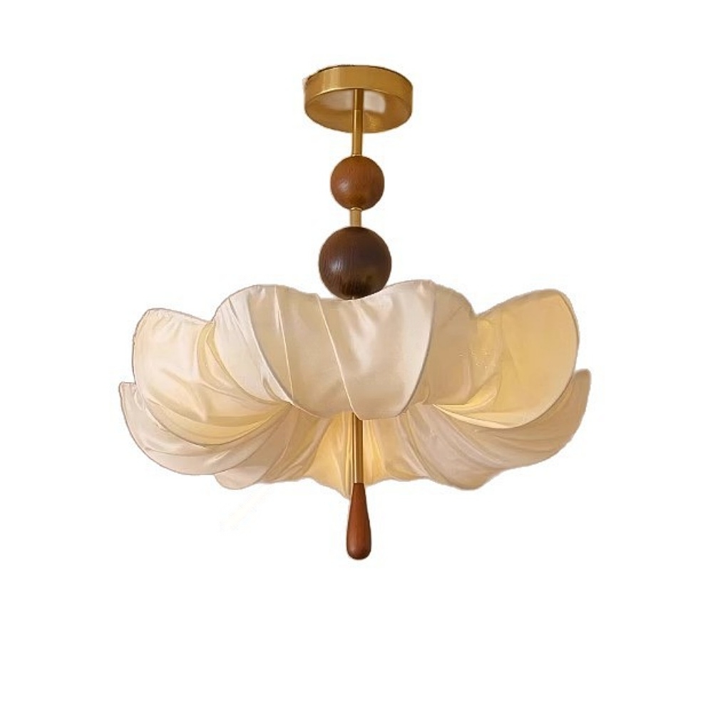 Retro Cream Aesthetic Restaurant Semi-Flush Mount Fabric Flower Ceiling Light