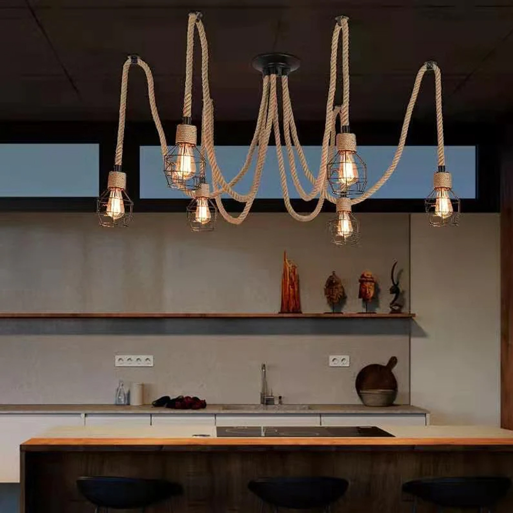 Spherical Cage Rope 6-Lights Brown Pendant Lighting Fixture