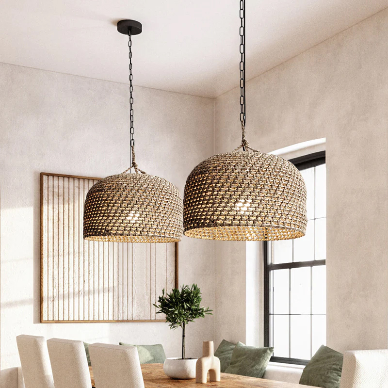 Retro Rattan Pendant Lights Kitchen Island Decor Hemp Rope Woven Lampshade