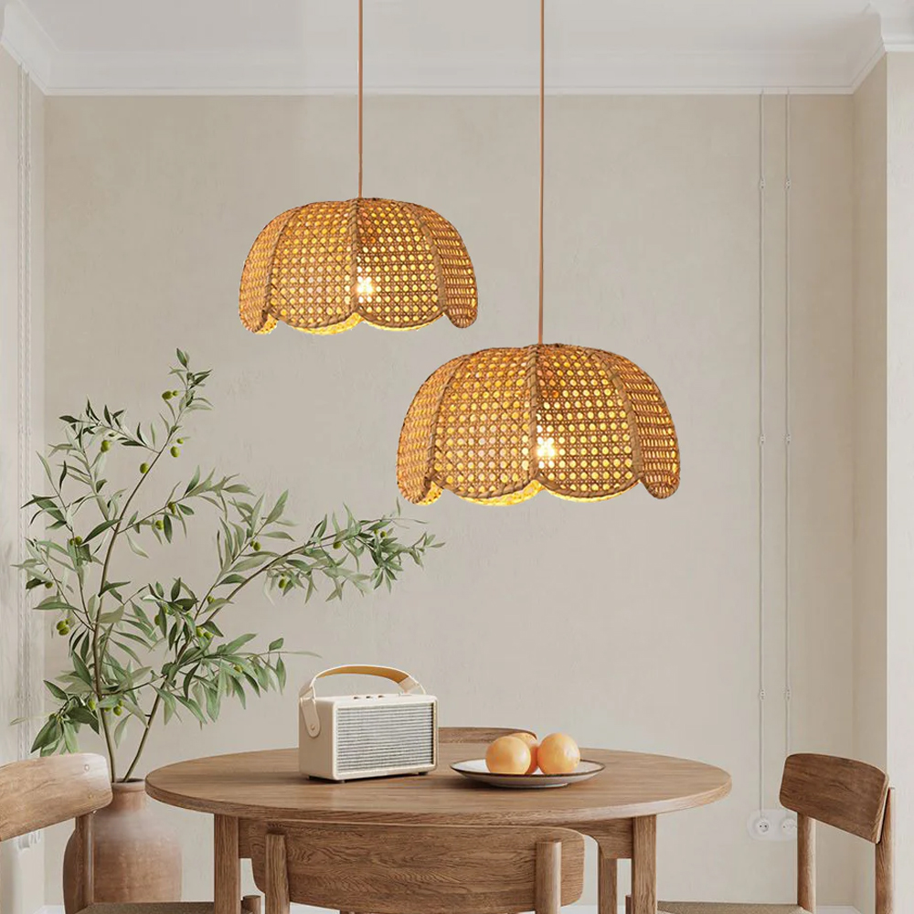 Rattan Scalloped Dome Pendant Lampshade Simplicity Rattan Hanging Chandelier