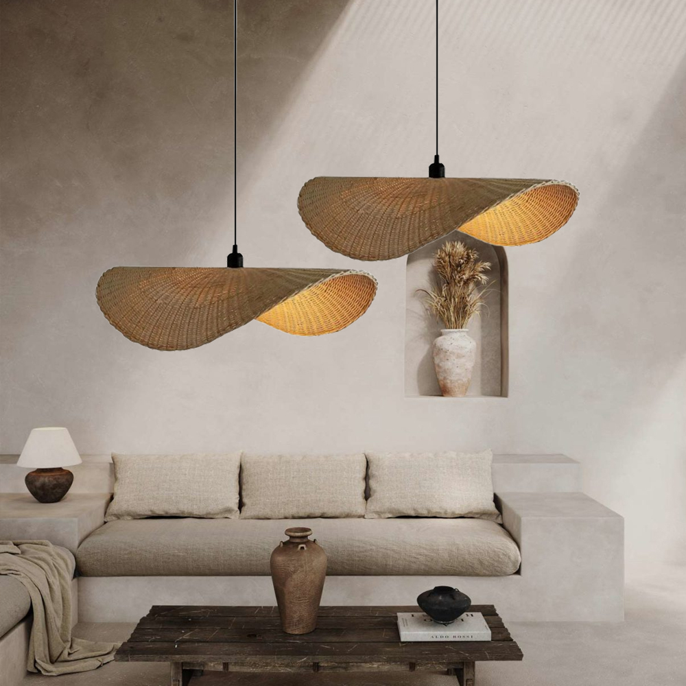 Japanese Rattan Light Pendant Wabi-sabi Retro Straw Hat Chandelier