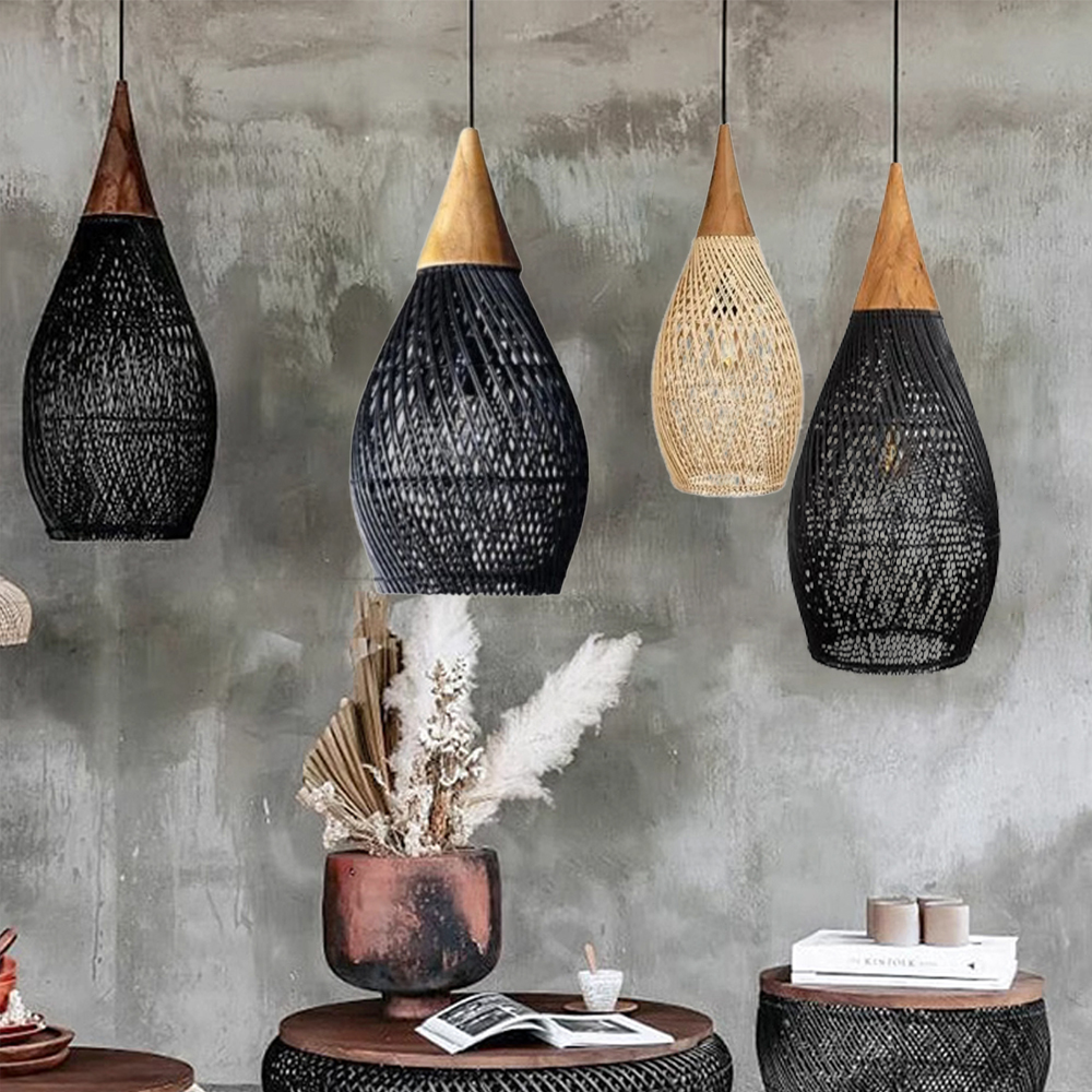 Dining Room Vintage Pendant Light Handmade Wood Rattan Lampshade