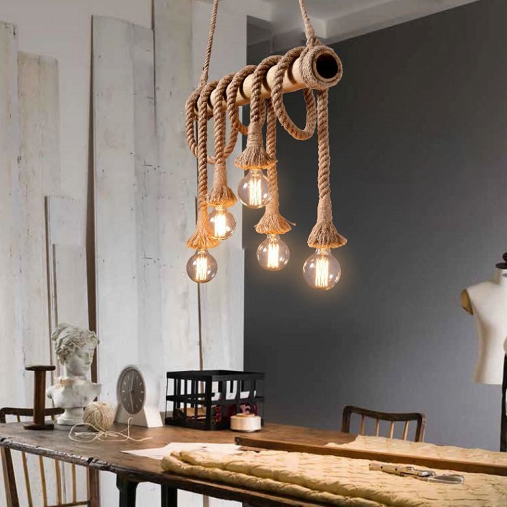 American Retro Bamboo Tube Hemp Rope Chandelier Creative Pendant Light