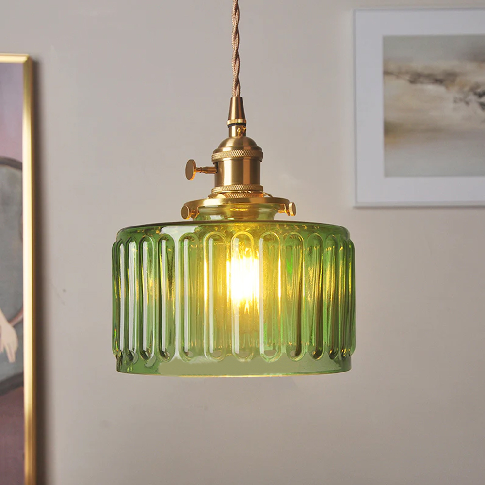 Classic Vintage Green Glass Pendant Light Cylinder Wavy Small Light Fixture