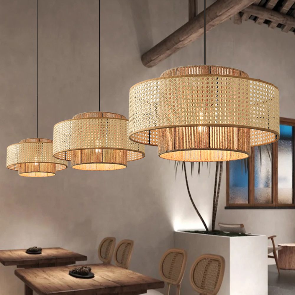 Commercial Restaurant Rattan Pendant Light Fixture Wabi-sabi Rope Woven Lantern Chandelier