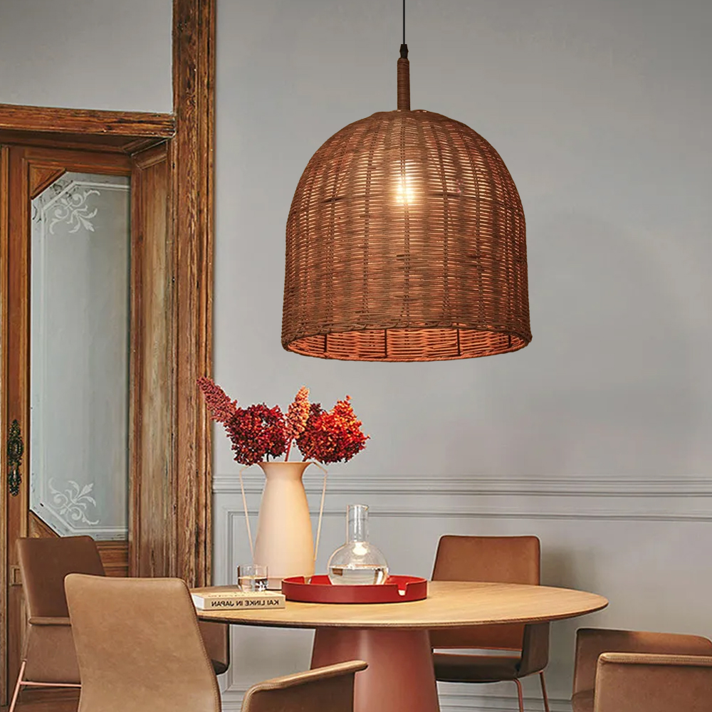 Wabi Sabi Style Dark Rattan Lampshade Retro Pastoral Restaurant Hand-woven Pendant Light