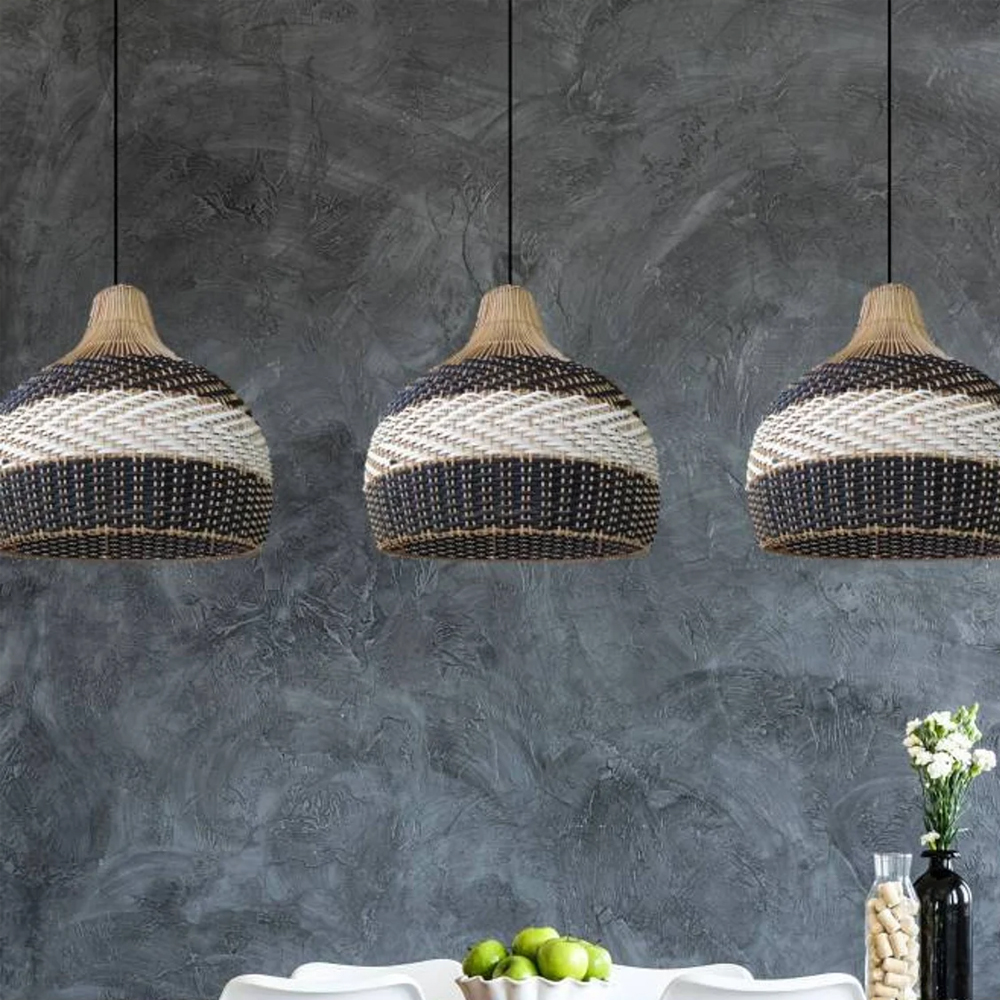 Handwoven Kitchen Island Black White Rattan Pendant Light