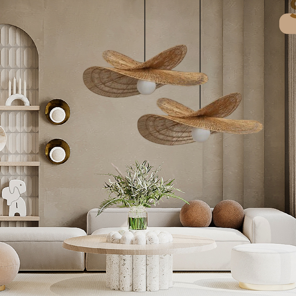 New Chinese Style Retro Rattan Art Double Layered Straw Hat Pendant Light