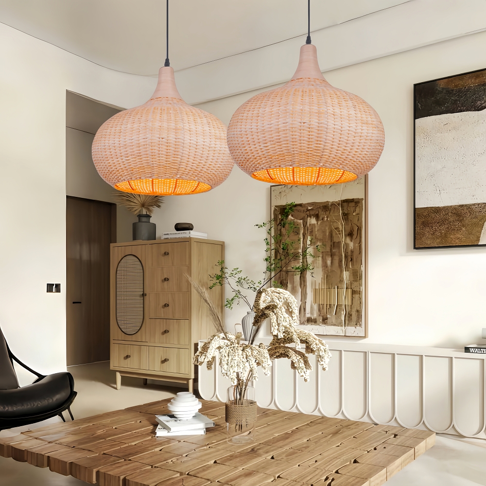 Vintage Handmade Natural  Off-White Rattan Pendant Light