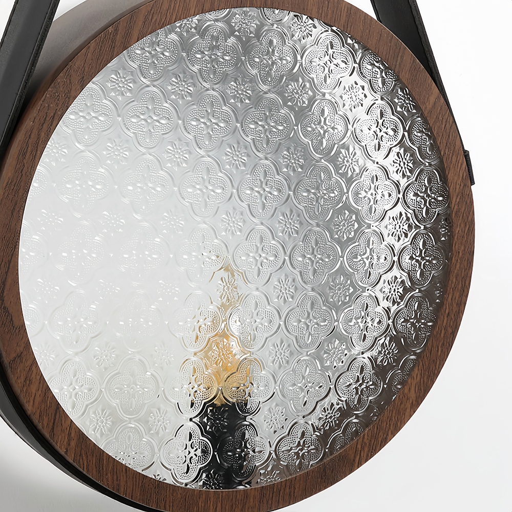 Wabi Sabi Style Retro Walnut Wood Grain Glass Hanging With Wall Lamp