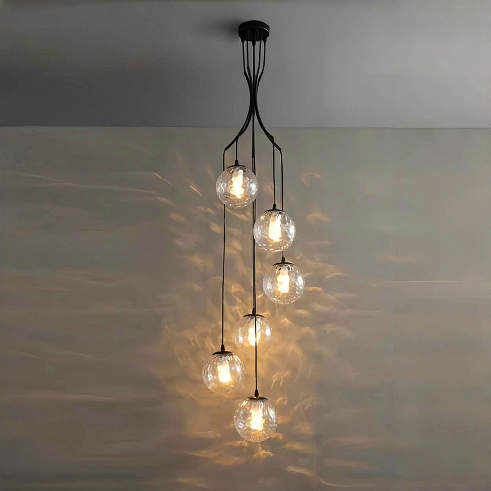 Hardwired Black Staircase Pendant Lights 400 CM/13.12ft Long Multiple Glass Sphere Chandelier