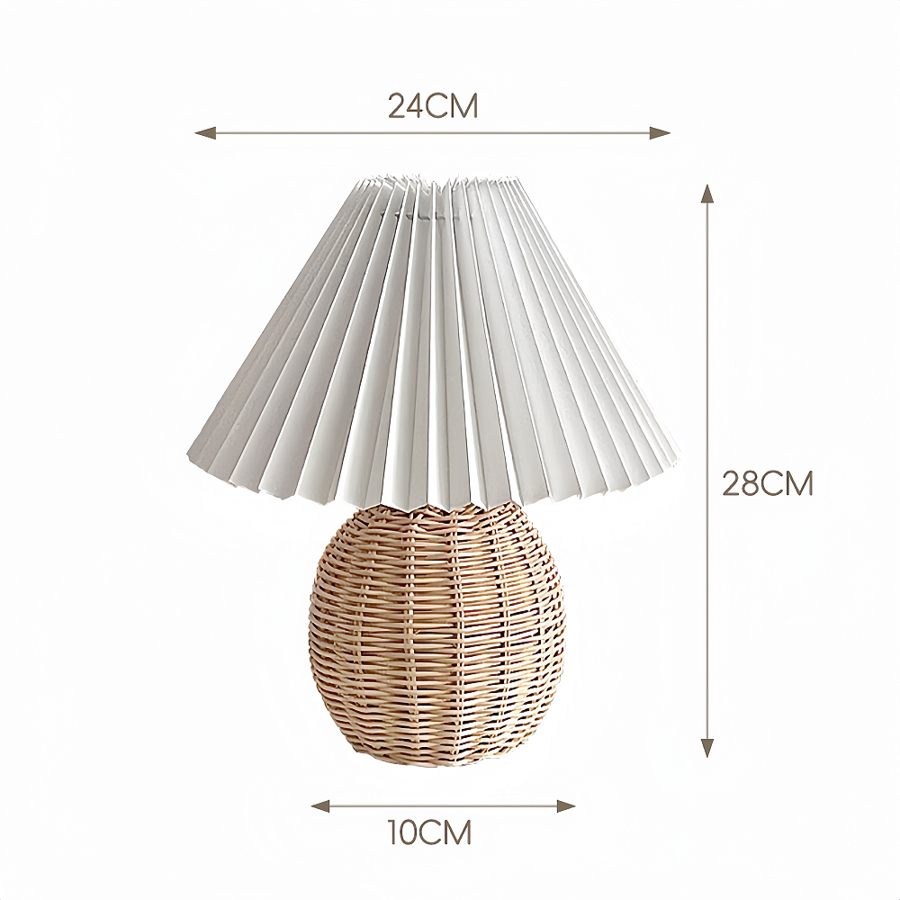 Nordic Style Retro Fabric Pleated Lampshade Rattan Woven Small Table Lamp