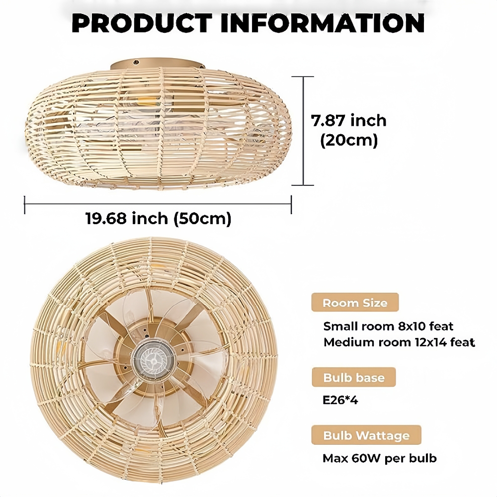 Bohemian Atyle Rattan 20 Inch Ceiling Fan Light 