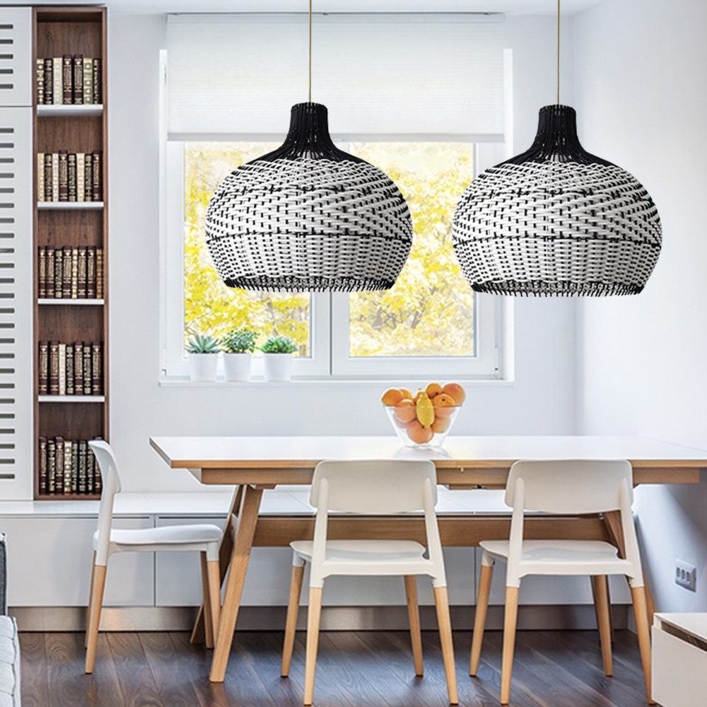 Kitchen Island Wicker Rattan Chandelier Black White Lampshade