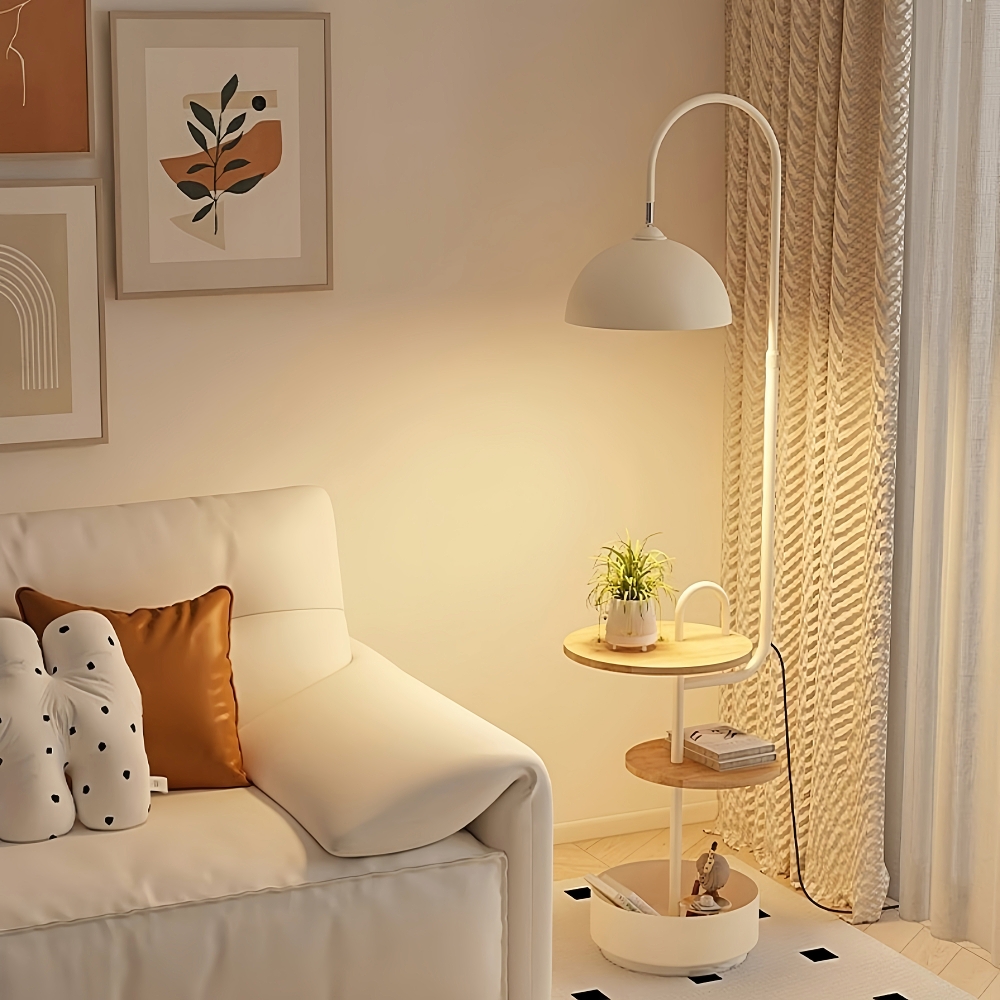 Modern Iron & Marble Floor Lamp with Integrated Storage Rack - Kids Room/Study