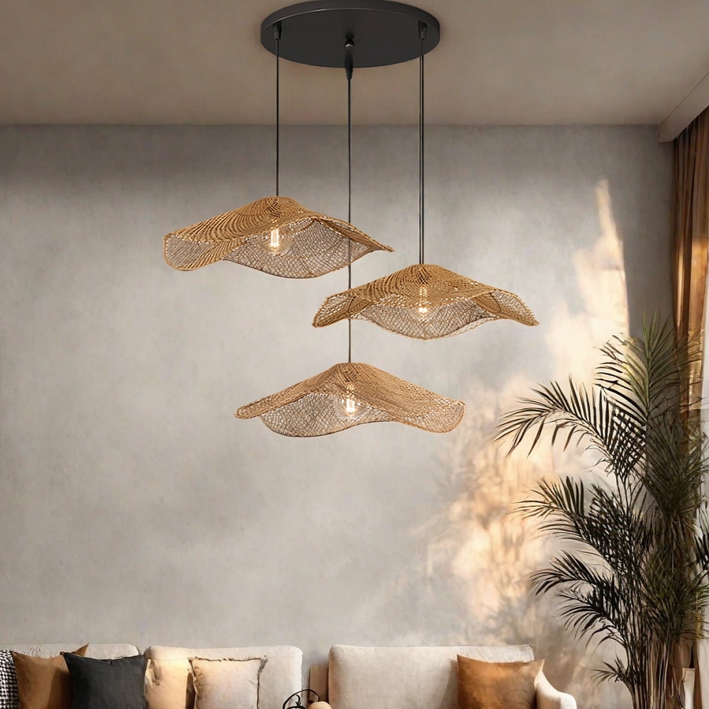 Handwoven Straw Hat Restaurant Pendant Light Wabi-sabi Style Rattan Chandelier