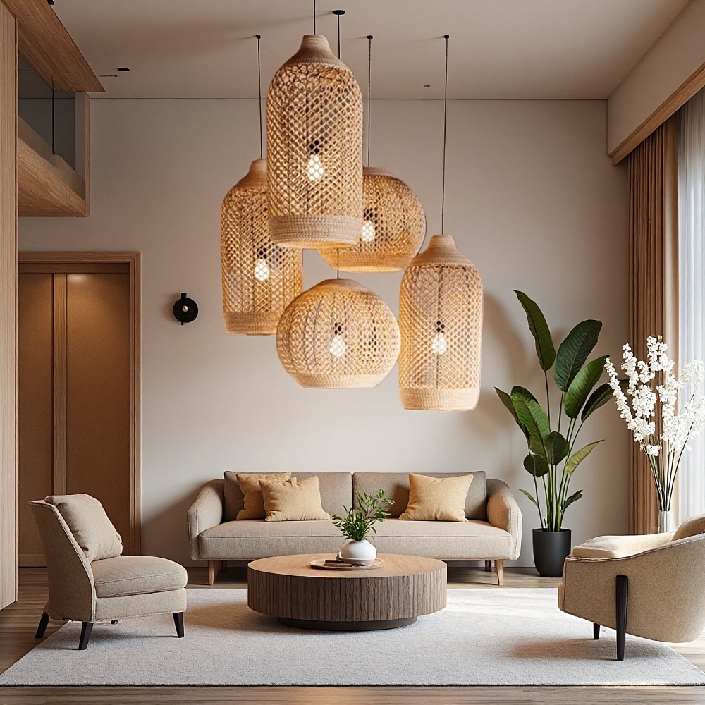 Japanese Wabi-Sabi Seagrass & Hemp Rope Woven Pendant Lamp