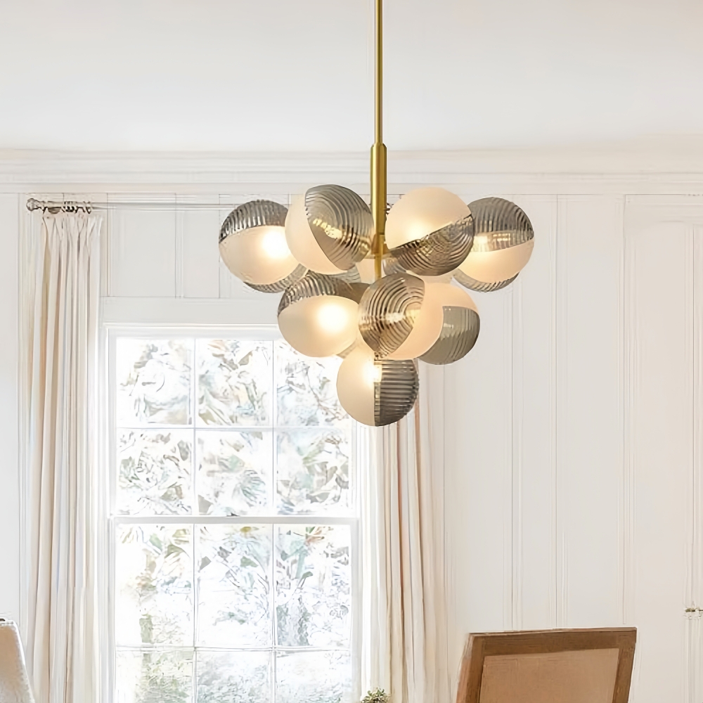 Contemporary Sculptural Ribbed Glass Globe Chandelier Brass Finish