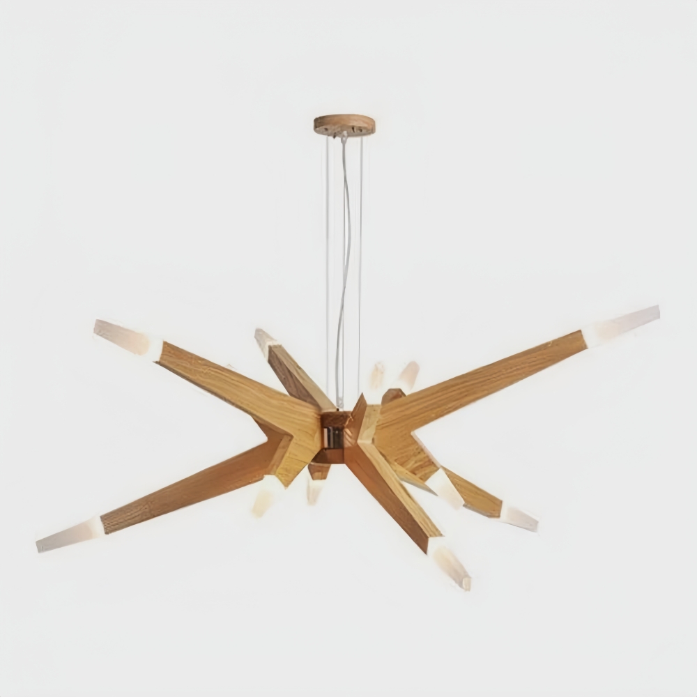 Nordic Geometric Wood Angular Star Chandelier with Frosted Light Ends