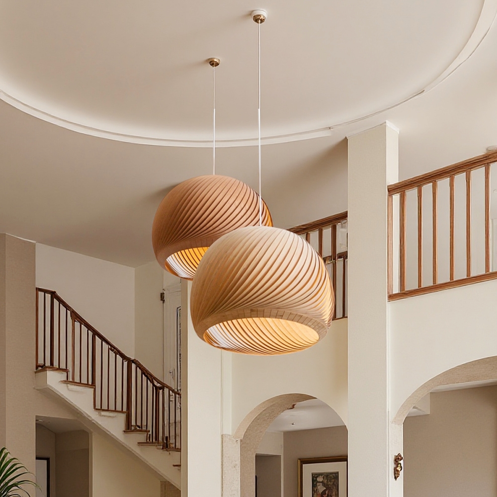 Spiral Wood Veneer Dome Pendant Light