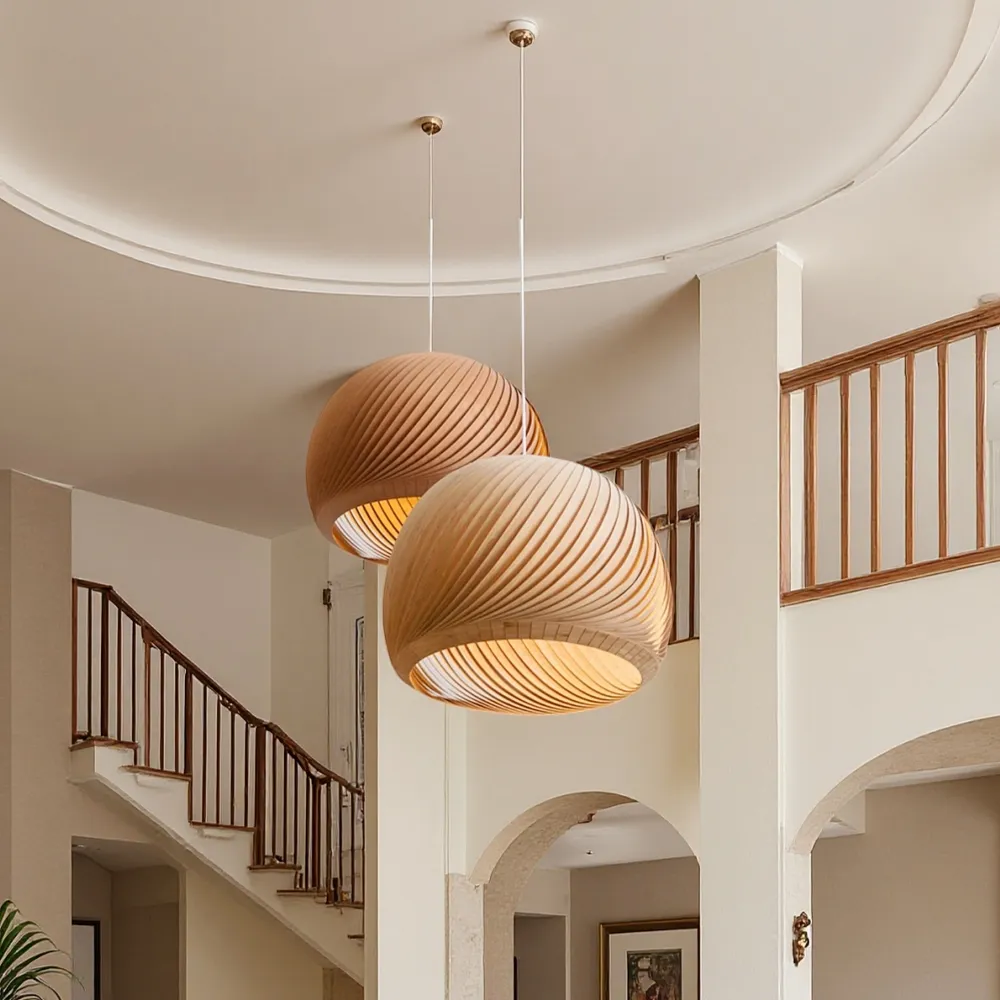 Spiral Wood Veneer Dome Pendant Light