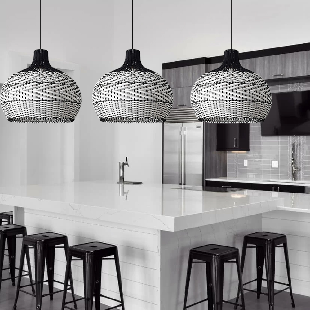 Kitchen Island Wicker Rattan Chandelier Black White Lampshade