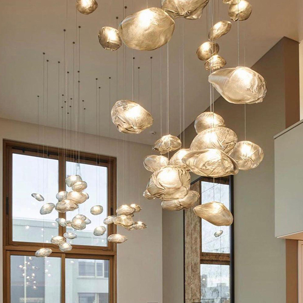 Large space loft staircase chandelier hotel lobby cloud glass long hanging chandelier duplex apartment pendant light