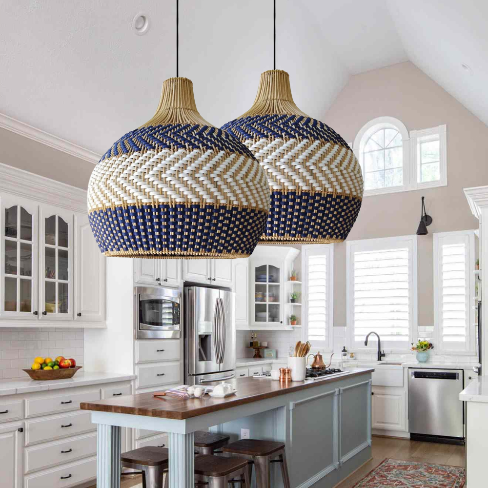 Coastal Charm Blue Chandelier Handwoven Wicker Rattan Pendant Light