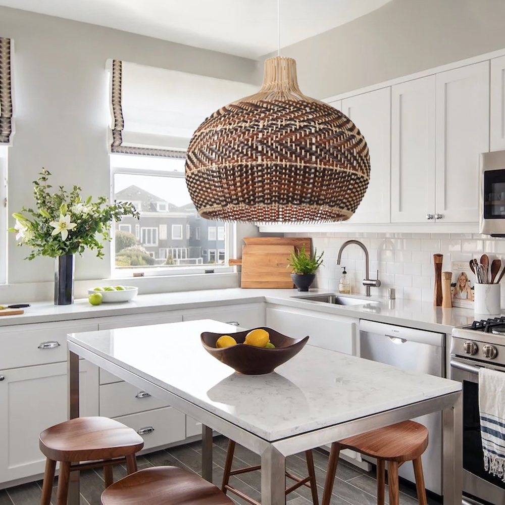 Hand-woven Black And Brown Spliced Rattan Chandelier Herringbone Wicker Pendant light