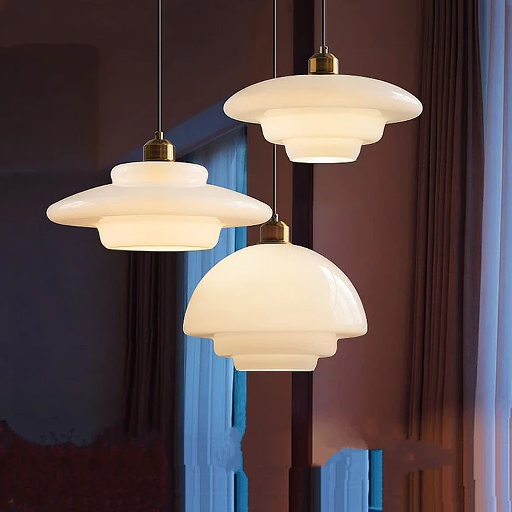 Mid-century Modern Glass Chandelier Multi-Layered Milk White Pendant Light