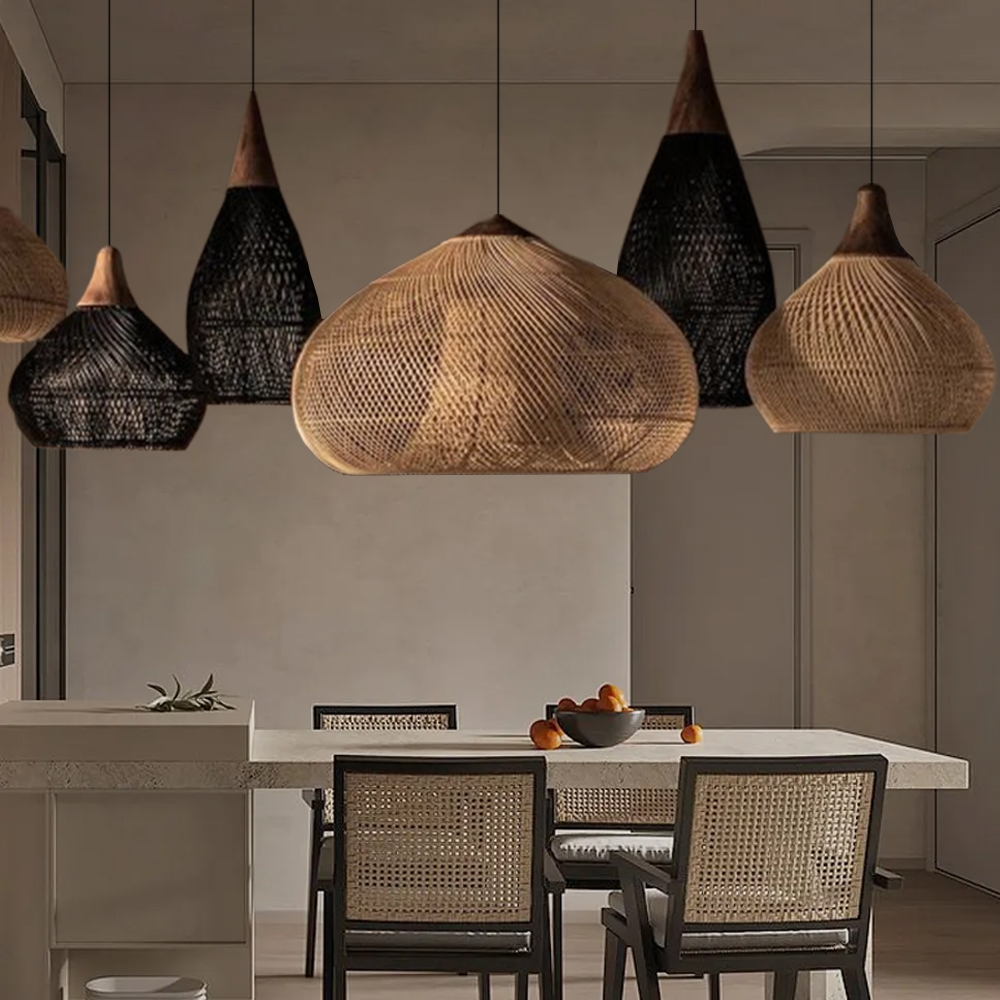 Wabi-sabi Rattan Chandeliers Rustic Handwoven Light Fixture for Restaurant