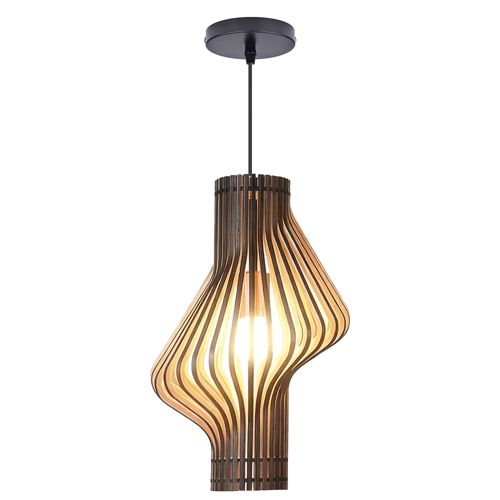 Mid-Century Curved Wood Slat Pendant Lamp