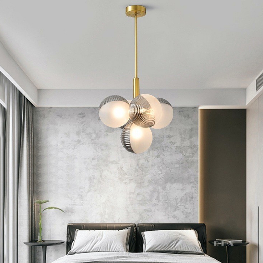 Contemporary Sculptural Ribbed Glass Globe Chandelier Brass Finish