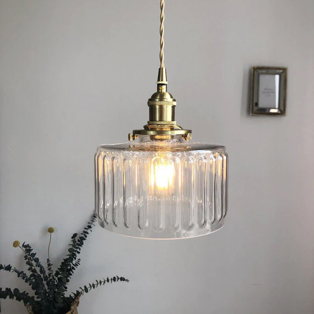 Classic Vintage Green Glass Pendant Light Cylinder Wavy Small Light Fixture