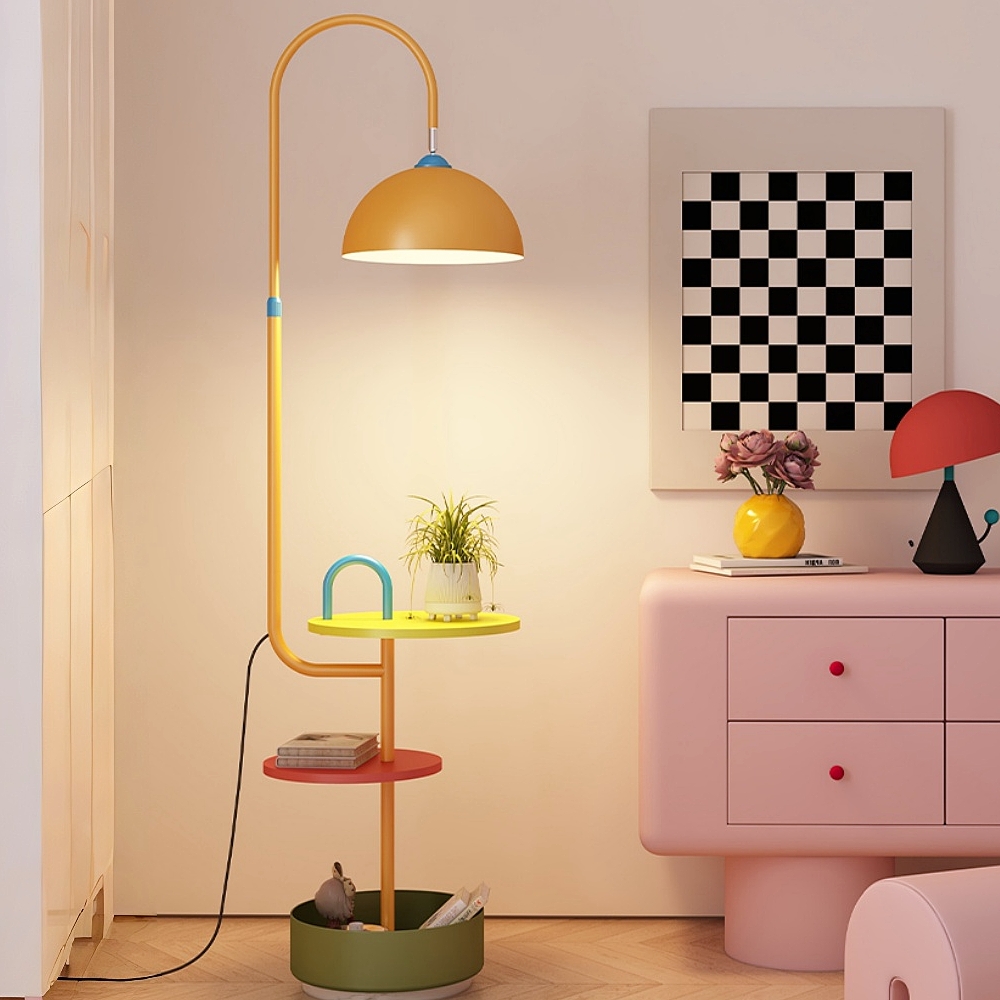 Modern Iron & Marble Floor Lamp with Integrated Storage Rack - Kids Room/Study