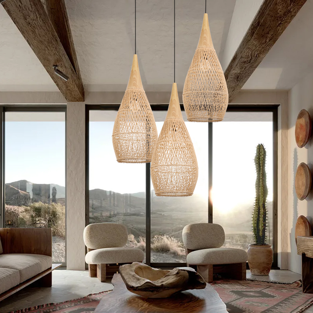 Wabi-sabi Rattan Chandeliers Rustic Handwoven Light Fixture for Restaurant
